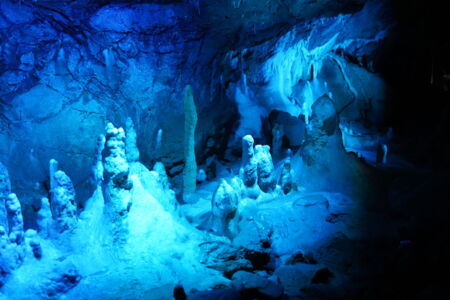 Blue LED lighting in the stalactite section of Herrmann’s Cave